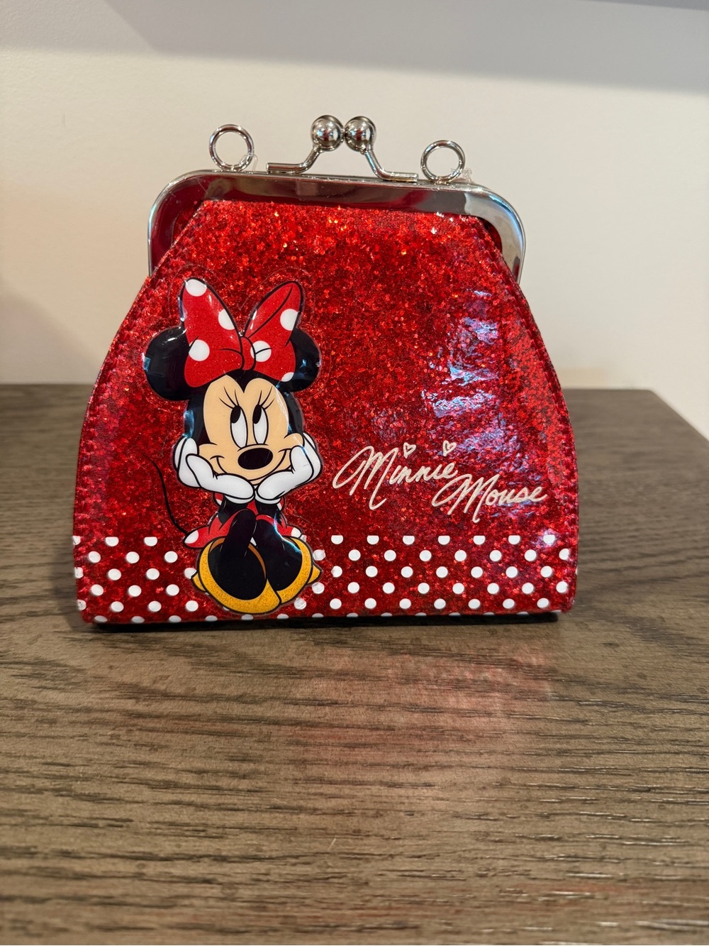 Disney Parks Minnie Mouse Small Red Glitter Polka Dot Clasp Purse-Beaded Handle